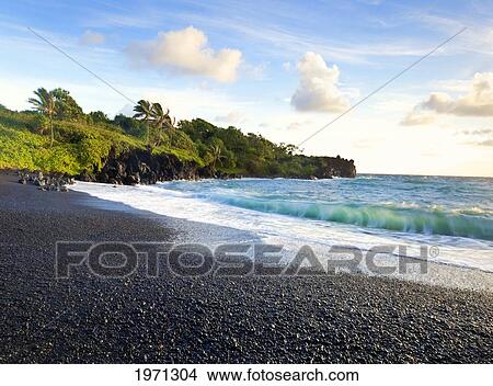 Hawaii, Maui, Hana, Waianapanapa State Park, Tropical Black Sand Beach, Long Exposure Of Waves. View Large Photo Image Picture - Hawaii, Maui, Hana, Waianapanapa State Park, Tropical Black Sand Beach, Long Exposure Of Waves.. Fotosearch