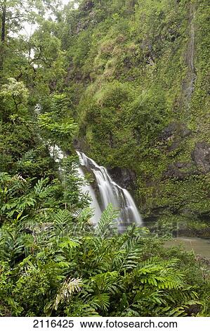 Stock Photography - Hawaii, Maui, Hana, Waikani Falls.. Fotosearch