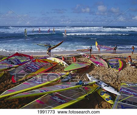 Hawaii, Maui, Hookipa Beach Park, World Reknown For Windsurfing, Many Colorful Sails On Beach Athletes And Spectators View Large Photo Image Stock Image - Hawaii, Maui, Hookipa Beach Park, World Reknown For Windsurfing, Many Colorful Sails On Beach Athletes And Spectators. Fotosearch