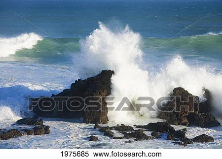 Stock Photography - Hawaii, Maui, Ho'okipa, Big Winter Surf Crashing On Rocks.. Fotosearch