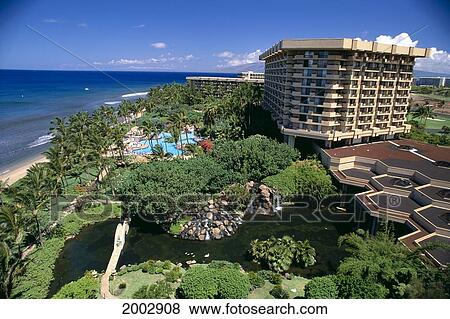 Hawaii, Maui, Hyatt Regency Maui At Ka'anapali, Overview Of Pool, Landscape And Buildings View Large Photo Image Stock Photo - Hawaii, Maui, Hyatt Regency Maui At Ka'anapali, Overview Of Pool, Landscape And Buildings. Fotosearch