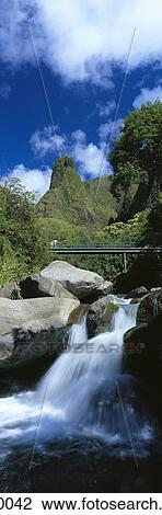 Hawaii, Maui, Iao Needle State Park, Rushing Waterfall Foreground Of Iao Needle, Visitors On Bridge Panoramic C1581 View Large Photo Image Stock Image - Hawaii, Maui, Iao Needle State Park, Rushing Waterfall Foreground Of Iao Needle, Visitors On Bridge Panoramic C1581. Fotosearch