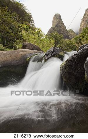 Hawaii, Maui, Iao River Valley waterfall. View Large Photo Image Stock Photo - Hawaii, Maui, Iao River Valley waterfall.. Fotosearch