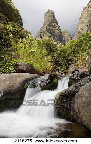 Stock Photography - Hawaii, Maui, Iao River Valley waterfall.. Fotosearch
