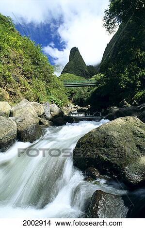 Hawaii, Maui, Iao Valley, Iao Needle In Background, Rushing Stream In Foreground View Large Photo Image Picture - Hawaii, Maui, Iao Valley, Iao Needle In Background, Rushing Stream In Foreground. Fotosearch