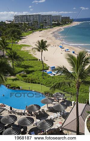 Stock Photo - Hawaii, Maui, Kaanapali Beach From Sheraton Hotel, Resort Hotels And People On The Beach.. Fotosearch