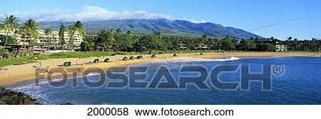 Hawaii, Maui, Ka'anapali, Beach With Families, Couples, West Maui Mountains Background, Blue Sky Panoramic C1596 View Large Photo Image Stock Photo - Hawaii, Maui, Ka'anapali, Beach With Families, Couples, West Maui Mountains Background, Blue Sky Panoramic C1596. Fotosearch