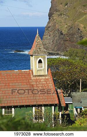 Stock Photo - Hawaii, Maui, Kahakuloa Village, An Old Church Sits Along A Tropical Coastline.. Fotosearch
