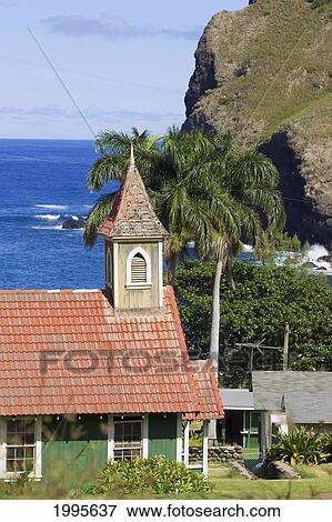 Stock Photo - Hawaii, Maui, Kahakuloa Village, An Old Church Sits Along A Tropical Coastline.. Fotosearch