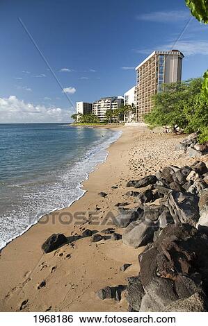 Stock Photograph - Hawaii, Maui, Kahana Beach, Resorts And Condos On The Coast.. Fotosearch