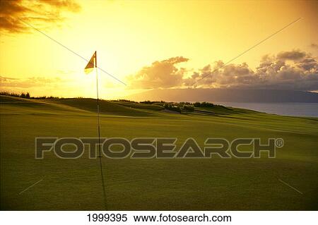 Stock Photography - Hawaii, Maui, Kapalua Golf Club Plantation Course, 4Th Hole With Flag C1255. Fotosearch
