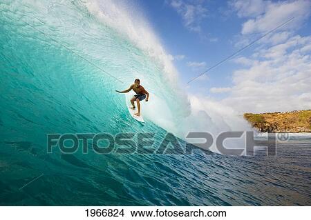 Picture - Hawaii, Maui, Kapalua, Surfer Tides Perfect Wave At Honolua Bay, View From Water Level Into The Barrel. Fotosearch