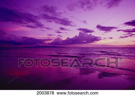 Stock Photo - Hawaii, Maui, Kihei, Sunset, Purple Sky, Shoreline At Kamaole Beach. Fotosearch