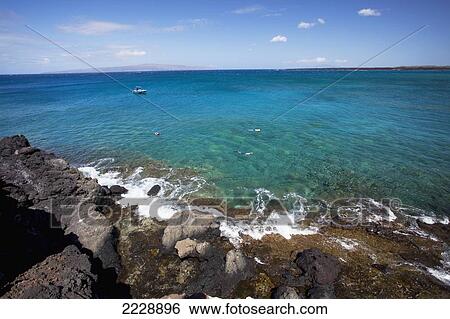 Stock Photograph - Hawaii, Maui, La Perouse Bay, Tourists Snorkel In Clear Blue Water.. Fotosearch