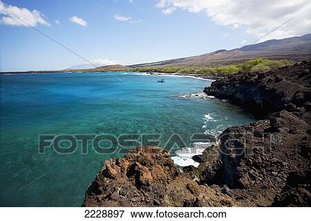 Stock Photo - Hawaii, Maui, La Perouse Bay, View Of Bay With Boat On Water.. Fotosearch