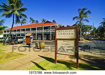 Stock Photo - Hawaii, Maui, Lahaina, Front & Canal St. With Pioneer Inn At The Corner.. Fotosearch