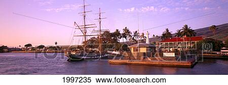 Stock Photography - Hawaii, Maui, Lahaina Harbor With Brig Carthaginian, Pink Sunset, Panoramic A47A. Fotosearch