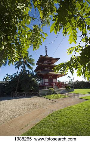 Hawaii, Maui, Lahaina Jodo Mission, Temple Framed By Tree Leaves. View Large Photo Image Stock Photography - Hawaii, Maui, Lahaina Jodo Mission, Temple Framed By Tree Leaves.. Fotosearch