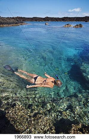 Stock Image - Hawaii, Maui, Laperouse Bay, Woman Snorkeling In Shallow Clear Water Over Coral Reef. Fotosearch