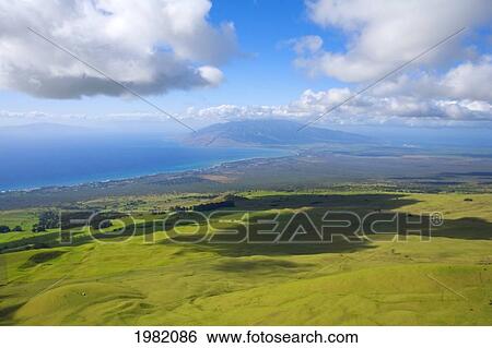 Hawaii, Maui, Lush meadows of the Ulupalakua Ranch looking towards the central Maui isthmus and West Maui Mountains View Large Photo Image Stock Photograph - Hawaii, Maui, Lush meadows of the Ulupalakua Ranch looking towards the central Maui isthmus and West Maui Mountains. Fotosearch