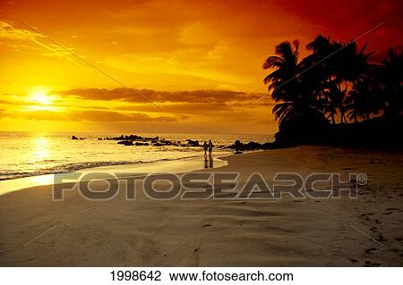 Hawaii, Maui, Makena Beach, Couple Walk Along Beach At Sunset, Above View Large Photo Image Stock Image - Hawaii, Maui, Makena Beach, Couple Walk Along Beach At Sunset, Above. Fotosearch