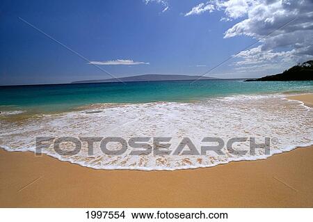 Hawaii, Maui, Makena Beach Turquoise Ocean Shoreline View, Blue Sky, Lanai Background A47C View Large Photo Image Picture - Hawaii, Maui, Makena Beach Turquoise Ocean Shoreline View, Blue Sky, Lanai Background A47C. Fotosearch