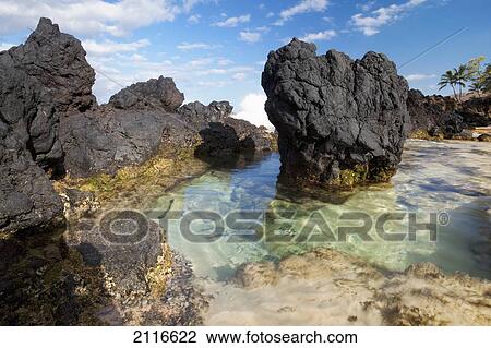 Stock Image - Hawaii, Maui, Makena, Beautiful clear ocean among lava rock.. Fotosearch