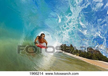 Picture - Hawaii, Maui, Makena - Big Beach, Boogie Boarder Riding Barrel Of Beautiful Wave.. Fotosearch