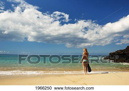 Hawaii, Maui, Makena - Big Beach, Beautiful Woman With Snorkel Gear Along Sandy Shore. View Large Photo Image Stock Image - Hawaii, Maui, Makena - Big Beach, Beautiful Woman With Snorkel Gear Along Sandy Shore.. Fotosearch