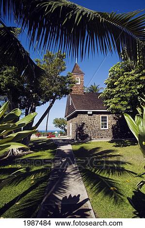 Picture - Hawaii, Maui, Makena, Keawala'i Congregational Church, Est. 1832, Tropical Vegetation.. Fotosearch