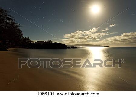 Hawaii, Maui, Makena, Moon Shining Over Ocean At Night, Kahoolawe In Distance. View Large Photo Image Stock Image - Hawaii, Maui, Makena, Moon Shining Over Ocean At Night, Kahoolawe In Distance.. Fotosearch