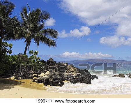 Hawaii, Maui, Makena, View From Secret Beach Of Kahoolawe And Molokini Islands. View Large Photo Image Stock Photo - Hawaii, Maui, Makena, View From Secret Beach Of Kahoolawe And Molokini Islands.. Fotosearch