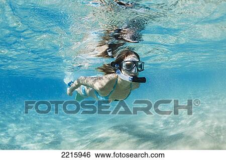 Hawaii, Maui, Makena, Young woman snorkles in shallow waters. View Large Photo Image Stock Photograph - Hawaii, Maui, Makena, Young woman snorkles in shallow waters.. Fotosearch