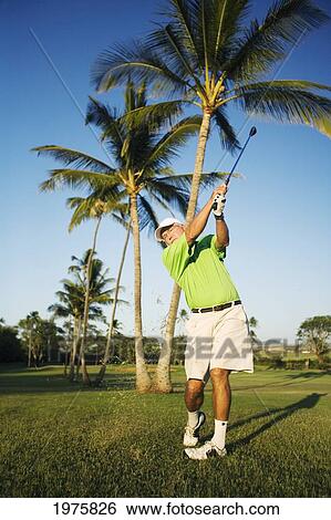 Stock Photograph - Hawaii, Maui, Male Golfer Swinging Golf Club At The Maui Country Club Course.. Fotosearch