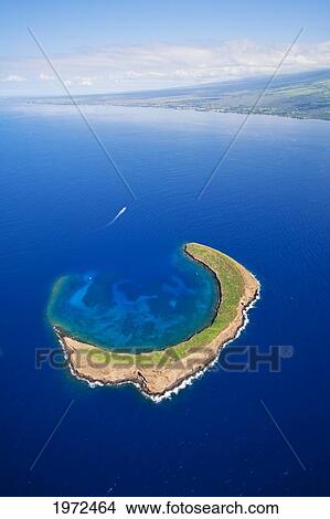 Hawaii, Maui, Molokini, Aerial Shot Of The Crescent Shaped Islet From Behind, Maui In Distance. View Large Photo Image Picture - Hawaii, Maui, Molokini, Aerial Shot Of The Crescent Shaped Islet From Behind, Maui In Distance.. Fotosearch