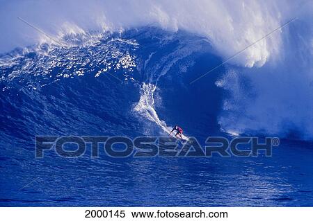 Hawaii, Maui, North Shore, Buzzy Kerbox Surfs Large Curling Blue Wave Distance View Large Photo Image Stock Photography - Hawaii, Maui, North Shore, Buzzy Kerbox Surfs Large Curling Blue Wave Distance. Fotosearch