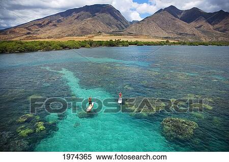 Hawaii, Maui, Olowalu, Stand Up Paddling. View Large Photo Image Stock Photography - Hawaii, Maui, Olowalu, Stand Up Paddling.. Fotosearch
