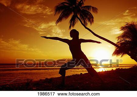 Stock Photo - Hawaii, Maui, Olowalu, Woman Doing Yoga By The Ocean At Sunset Under Palm Tree.. Fotosearch