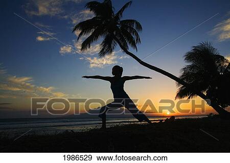 Stock Photo - Hawaii, Maui, Olowalu, Woman Doing Yoga By The Ocean At Sunset Under Palm Tree.. Fotosearch