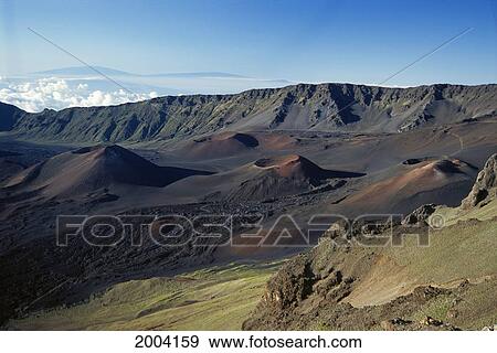 Stock Photo - Hawaii, Maui, Overview Of Haleakala Crater, Trails Red Dirt, Blue Sky. Fotosearch