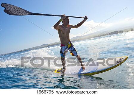 Stock Photography - Hawaii, Maui, Paia, Athletic Stand Up Paddle Boarder Rides Wave. Fotosearch