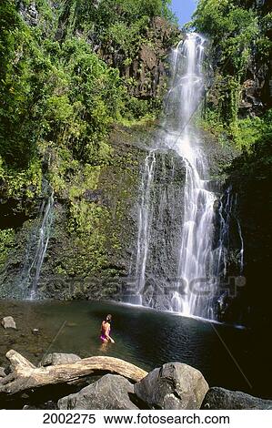 Hawaii, Maui, Pass Hana Along Pii'lani Highway, Woman In Pool Of Wailua Falls, View From Behind View Large Photo Image Stock Photography - Hawaii, Maui, Pass Hana Along Pii'lani Highway, Woman In Pool Of Wailua Falls, View From Behind. Fotosearch