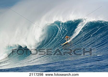 Stock Photo - Hawaii, Maui, Peahi, Surfer rides a giant wave at Peahi also know as Jaws. EDITORIAL USE ONLY.. Fotosearch