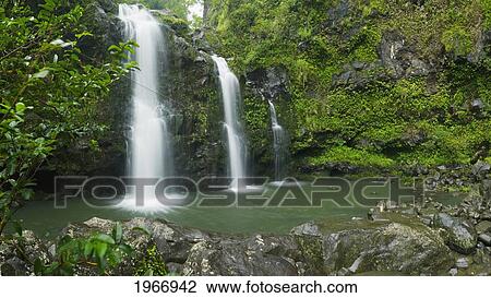 Stock Image - Hawaii, Maui, Triple Falls, Waterfal Near The Hana Highway. Fotosearch