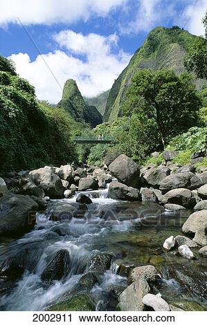 Hawaii, Maui, View Of Iao Needle With Stream, Blue Sky, Clouds View Large Photo Image Stock Image - Hawaii, Maui, View Of Iao Needle With Stream, Blue Sky, Clouds. Fotosearch