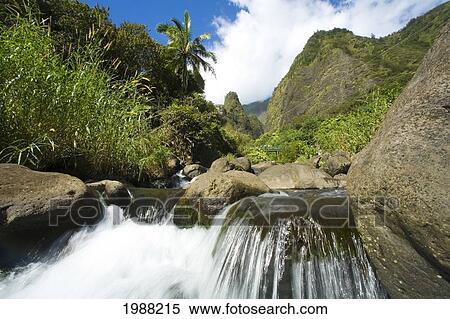 Stock Photography - Hawaii, Maui, View Of Iao Needle With Stream, Blue Sky, Clouds. Fotosearch
