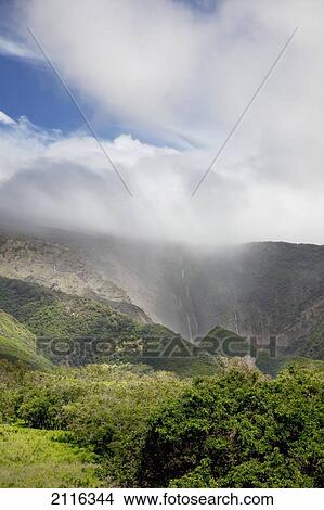 Hawaii, Maui, View of the lush Kaupo Gap with waterfalls. View Large Photo Image Picture - Hawaii, Maui, View of the lush Kaupo Gap with waterfalls.. Fotosearch
