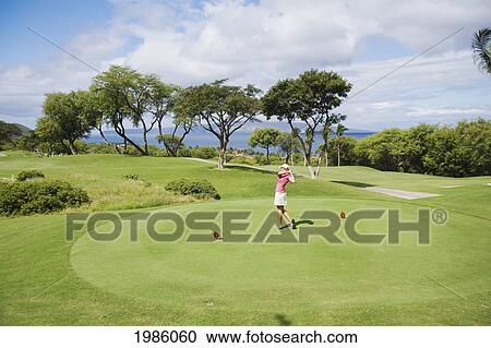 Hawaii, Maui, Wailea Gold Golf Course, Female Golfer Swinging Golf Club, View From Side. View Large Photo Image Stock Image - Hawaii, Maui, Wailea Gold Golf Course, Female Golfer Swinging Golf Club, View From Side.. Fotosearch