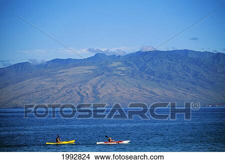 Picture - Hawaii, Maui, Wailea, Two Kayakers Paddling In The Ocean.. Fotosearch