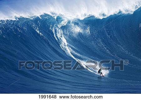 Stock Photo - Hawaii, Maui, Yuri Farrant Surfs Huge Wave At Jaws, Aka Peahi.. Fotosearch